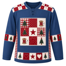 Load image into Gallery viewer, Ugly Christmas Quilted Patchwork Noel Hockey Jersey in Denim Blue, front view – calico patchwork quilt crest with trees, thread spools with needles, a star and a heart, red and cream checker star yoke, red gingham side panels and tree-square sleeve bands – custom name and number