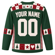 Load image into Gallery viewer, Ugly Christmas Quilted Patchwork Noel Hockey Jersey in Evergreen, back view with a red and cream checkerboard yoke with stitched hearts and stars, red gingham side panels, cream YOUR NAME and 00 and a heart-and-star patchwork hem band – your name and number