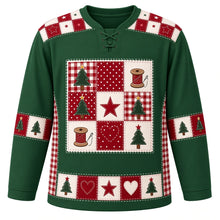 Load image into Gallery viewer, Ugly Christmas Quilted Patchwork Noel Hockey Jersey in Evergreen, front view – red and cream patchwork quilt crest with Christmas trees, thread spools and needles, a red star and stitched heart, checkerboard star yoke and tree-square sleeve bands – custom name and number