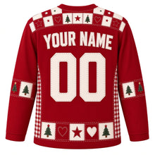Load image into Gallery viewer, Ugly Christmas Quilted Patchwork Noel Hockey Jersey in Cranberry Red, back view with a red and cream checker quilt yoke with stars, hearts and trees, cream stitched YOUR NAME and 00, tree-square sleeve bands and a patchwork hem band – your name and number