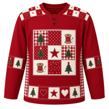 Load image into Gallery viewer, Ugly Christmas Quilted Patchwork Noel Hockey Jersey in Cranberry Red, front view – nine-square quilt block crest with gingham and polka-dot squares, appliqued trees, thread spools, a star and a heart, cream and red checker yoke with stars, gingham side panels – custom name and number