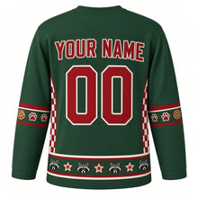 Load image into Gallery viewer, Ugly Christmas Raccoon Cookie Heist Hockey Jersey in Forest Green, back view with red checkerboard side panels, red-striped cookie and paw print sleeve bands, a raccoon and star cookie hem band, red YOUR NAME and 00 – your name and number