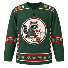 Load image into Gallery viewer, Ugly Christmas Raccoon Cookie Heist Hockey Jersey in Forest Green, front view – cream crest of a cookie-thief raccoon with a red-frosted star cookie, a milk glass and a plate of cookies, cookie and milk-glass yoke, red-striped paw print elbow bands, red checkerboard side panels and a raccoon-face and star cookie hem band – custom name and number