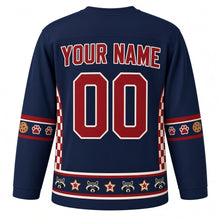 Load image into Gallery viewer, Ugly Christmas Raccoon Cookie Heist Hockey Jersey in Midnight Navy, back view with red checkerboard side panels, cookie and paw print sleeve bands, a raccoon-face and star cookie hem band, red YOUR NAME and 00 – your name and number