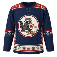 Load image into Gallery viewer, Ugly Christmas Raccoon Cookie Heist Hockey Jersey in Midnight Navy, front view – cream circle crest with a sneaky masked raccoon carrying a red-frosted star cookie past a milk glass and a plate of cookie crumbs, red cookie and milk yoke, paw print elbow bands, red checkerboard side panels and a cream raccoon-face hem band – custom name and number