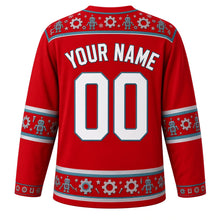 Load image into Gallery viewer, Ugly Christmas Tin Toy Robots Hockey Jersey in Cherry Red, back view with a red robot, gear and star yoke, matching robot and gear sleeve and hem bands, arched YOUR NAME lettering and 00 – custom name and number