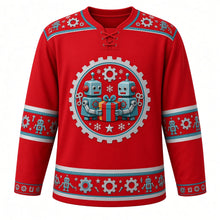 Load image into Gallery viewer, Ugly Christmas Tin Toy Robots Hockey Jersey in Cherry Red, front view – cherry red body with red robot-and-gear yoke with a round gear-ring crest of two retro wind-up tin robots holding a wrapped gift with snowflakes and a star, plus robot, gear, bolt and star bands – custom name and number