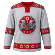 Load image into Gallery viewer, Ugly Christmas Tin Toy Robots Hockey Jersey in Silver Gray, front view – silver gray body with red robot-and-gear yoke with a round gear-ring crest of two retro wind-up tin robots holding a wrapped gift with snowflakes and a star, plus robot, gear, bolt and star bands – custom name and number