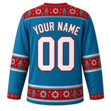 Load image into Gallery viewer, Ugly Christmas Tin Toy Robots Hockey Jersey in Teal Blue, back view with a red robot, gear and star yoke, matching robot and gear sleeve and hem bands, arched YOUR NAME lettering and 00 – custom name and number