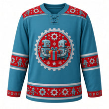 Load image into Gallery viewer, Ugly Christmas Tin Toy Robots Hockey Jersey in Teal Blue, front view – teal blue body with red robot-and-gear yoke with a round gear-ring crest of two retro wind-up tin robots holding a wrapped gift with snowflakes and a star, plus robot, gear, bolt and star bands – custom name and number