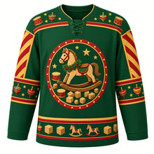 Load image into Gallery viewer, Ugly Christmas Rocking Horse Toybox Hockey Jersey in Evergreen, front view – evergreen body and a painted wooden rocking horse in a holly garland with toy drums, plain wooden blocks and gold stars with a toy drum and star yoke and spinning-top sleeve bands – custom name and number