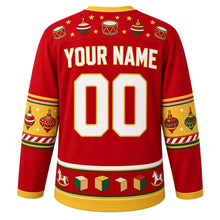 Load image into Gallery viewer, Ugly Christmas Rocking Horse Toybox Hockey Jersey in Toy Red, back view with a toy drum and star yoke, a hem band of little rocking horses, drums and blocks, arched YOUR NAME lettering and 00 – custom name and number
