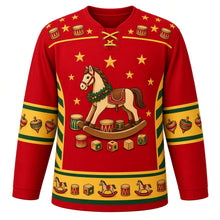 Load image into Gallery viewer, Ugly Christmas Rocking Horse Toybox Hockey Jersey in Toy Red, front view – painted rocking horse in a holly garland with toy drums, shape blocks and gold stars, and a hem band of mini rocking horses, drums and shape blocks – custom name and number