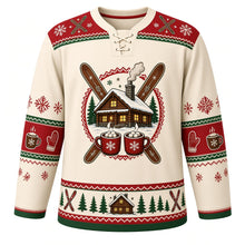 Load image into Gallery viewer, Ugly Christmas Ski Lodge Apres Hockey Jersey in Fireside Cream, front view – fireside cream body and a snowy log cabin crest with glowing windows, a smoking chimney, crossed wooden skis and marshmallow cocoa mugs with a crossed-ski and snowflake yoke and cocoa-mug and mitten sleeve bands – custom name and number