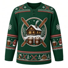 Load image into Gallery viewer, Ugly Christmas Ski Lodge Apres Hockey Jersey in Spruce Green, front view – spruce green body and a snowy log cabin crest with glowing windows, a smoking chimney, crossed wooden skis and marshmallow cocoa mugs with a crossed-ski and snowflake yoke and cocoa-mug and mitten sleeve bands – custom name and number