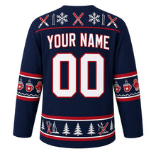 Load image into Gallery viewer, Ugly Christmas Ski Lodge Apres Hockey Jersey in Alpine Navy, back view with a yoke of skis, poles and snowflakes, cocoa-mug and mitten sleeve bands, a skis-pines-and-cabins hem band, arched YOUR NAME lettering and 00 – custom name and number