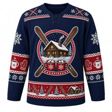Load image into Gallery viewer, Ugly Christmas Ski Lodge Apres Hockey Jersey in Alpine Navy, front view – alpine navy body and a snowy log cabin crest with glowing windows, a smoking chimney, crossed wooden skis and marshmallow cocoa mugs with a crossed-ski and snowflake yoke and cocoa-mug and mitten sleeve bands – custom name and number