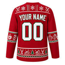 Load image into Gallery viewer, Ugly Christmas Ski Lodge Apres Hockey Jersey in Cranberry Red, back view with a yoke of skis, poles and snowflakes, cocoa-mug and mitten sleeve bands, a skis-pines-and-cabins hem band, arched YOUR NAME lettering and 00 – custom name and number