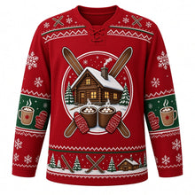 Load image into Gallery viewer, Ugly Christmas Ski Lodge Apres Hockey Jersey in Cranberry Red, front view – cranberry red body and a snowy log cabin crest with glowing windows, a smoking chimney, crossed wooden skis and marshmallow cocoa mugs with a crossed-ski and snowflake yoke and cocoa-mug and mitten sleeve bands – custom name and number