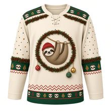 Load image into Gallery viewer, Ugly Christmas Sloth Tinsel Hangout Hockey Jersey in Vanilla Cream, front view – green and red tinsel wreath crest of a sleepy-smiling sloth in a red hat hanging from a garland with three ornaments, green sloth-face yoke with tinsel swag, green tinsel elbow bands and a green sloth-face hem band – custom name and number