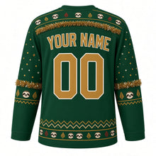 Load image into Gallery viewer, Ugly Christmas Sloth Tinsel Hangout Hockey Jersey in Pine Green, back view with a sloth-face and leaf yoke with gold tinsel swag, tinsel sleeve bands with sloth faces, a zigzag sloth hem band, gold YOUR NAME and 00 – your name and number