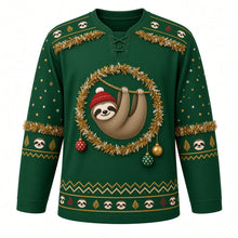 Load image into Gallery viewer, Ugly Christmas Sloth Tinsel Hangout Hockey Jersey in Pine Green, front view – round gold tinsel garland ring crest with a smiling sloth in a red knit hat hanging from a garland and three hanging ornaments, sloth-face yoke with gold tinsel swag, gold tinsel elbow bands with sloth faces and a sloth-face zigzag hem band – custom name and number
