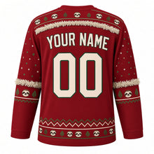 Load image into Gallery viewer, Ugly Christmas Sloth Tinsel Hangout Hockey Jersey in Cranberry Red, back view with a sloth-face yoke with silver tinsel swag, silver tinsel sleeve bands with sloth faces, a zigzag and sloth-face hem band, cream YOUR NAME and 00 – your name and number
