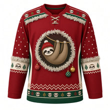 Load image into Gallery viewer, Ugly Christmas Sloth Tinsel Hangout Hockey Jersey in Cranberry Red, front view – silver tinsel ring crest of a happy sloth in a red pom-pom hat dangling from a garland above red, gold and green ornaments, cream side panels, sloth-face yoke with silver tinsel, cream sloth elbow bands and a green sloth-face hem band – custom name and number