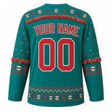 Load image into Gallery viewer, Ugly Christmas Sloth Tinsel Hangout Hockey Jersey in Jungle Teal, back view with a sloth-face yoke with red tinsel swag, red tinsel sleeve bands with sloth faces, a red zigzag and sloth hem band, red YOUR NAME and 00 – your name and number