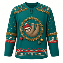 Load image into Gallery viewer, Ugly Christmas Sloth Tinsel Hangout Hockey Jersey in Jungle Teal, front view – gold and silver tinsel ring crest with a grinning sloth in a red knit hat hanging from a garland over three ornaments, sloth-face yoke with tinsel swag, tinsel elbow bands with sloth faces and a red zigzag sloth hem band – custom name and number