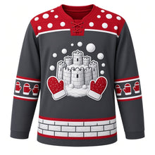 Load image into Gallery viewer, Ugly Christmas Snowball Fight Frenzy Hockey Jersey in Charcoal Gray, front view – turreted snow castle with flying snowballs and red mittens, red snowball polka-dot yoke, mitten sleeve bands and a snow-brick hem band – custom name and number
