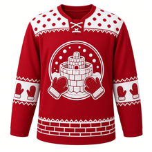 Load image into Gallery viewer, Ugly Christmas Snowball Fight Frenzy Hockey Jersey in Cranberry Red, front view – round crest of a snow-brick tower with snowballs and red knit mittens, white snowball polka-dot yoke, mitten sleeve bands and a snow-brick hem band – custom name and number