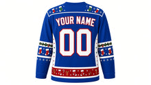 Load image into Gallery viewer, Ugly Christmas Stocking Stuffers Hockey Jersey in Royal Blue, back view with a mini-stocking and snowflake yoke, stocking and garland sleeve bands, gift-and-candy-cane hem band, arched YOUR NAME lettering and 00 – custom name and number