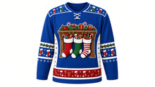 Load image into Gallery viewer, Ugly Christmas Stocking Stuffers Hockey Jersey in Royal Blue, front view – royal blue body with a round overstuffed-stockings-on-a-mantle crest with candy, toys and gifts, stocking yoke, mini-stocking and garland sleeve bands and a gift-and-candy-cane hem band – custom name and number
