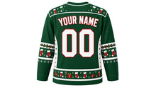 Load image into Gallery viewer, Ugly Christmas Stocking Stuffers Hockey Jersey in Evergreen Green, back view with a mini-stocking and snowflake yoke, stocking and garland sleeve bands, gift-and-candy-cane hem band, arched YOUR NAME lettering and 00 – custom name and number
