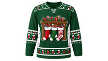 Load image into Gallery viewer, Ugly Christmas Stocking Stuffers Hockey Jersey in Evergreen Green, front view – evergreen green body with a round overstuffed-stockings-on-a-mantle crest with candy, toys and gifts, stocking yoke, mini-stocking and garland sleeve bands and a gift-and-candy-cane hem band – custom name and number