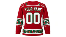 Load image into Gallery viewer, Ugly Christmas Stocking Stuffers Hockey Jersey in Cranberry Red, back view with a mini-stocking and snowflake yoke, stocking and garland sleeve bands, gift-and-candy-cane hem band, arched YOUR NAME lettering and 00 – custom name and number