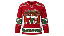 Load image into Gallery viewer, Ugly Christmas Stocking Stuffers Hockey Jersey in Cranberry Red, front view – cranberry red body with a round overstuffed-stockings-on-a-mantle crest with candy, toys and gifts, stocking yoke, mini-stocking and garland sleeve bands and a gift-and-candy-cane hem band – custom name and number