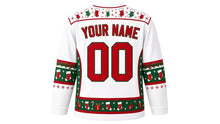 Load image into Gallery viewer, Ugly Christmas Stocking Stuffers Hockey Jersey in Snow White, back view with a mini-stocking and snowflake yoke, stocking and garland sleeve bands, gift-and-candy-cane hem band, arched YOUR NAME lettering and 00 – custom name and number