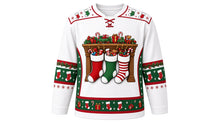 Load image into Gallery viewer, Ugly Christmas Stocking Stuffers Hockey Jersey in Snow White, front view – snow white body with a round overstuffed-stockings-on-a-mantle crest with candy, toys and gifts, stocking yoke, mini-stocking and garland sleeve bands and a gift-and-candy-cane hem band – custom name and number