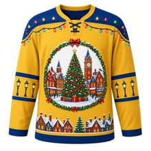 Load image into Gallery viewer, Ugly Christmas Christmas Village Lights Hockey Jersey in Starlight Gold, front view – starlight gold body with blue yoke with a round snowy town square crest with a decorated tree, clock tower and glowing shops, string-light yoke, street-lamp sleeve art and a snowy rooftop hem band – custom name and number