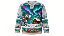 Load image into Gallery viewer, Ugly Christmas Winter Wonderland Hockey Jersey in Frost Gray, front view – frost gray body with teal panels, snowy forest, foxes and northern lights – fox and snowy owl crest with a glowing cabin and northern lights, pine-tree yoke, fox and cabin sleeve bands – custom name and number