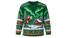 Load image into Gallery viewer, Ugly Christmas Winter Wonderland Hockey Jersey in Spruce Green, front view – spruce green body with a snowy forest, foxes and northern lights – fox and snowy owl crest with a glowing cabin and northern lights, pine-tree yoke, fox and cabin sleeve bands – custom name and number