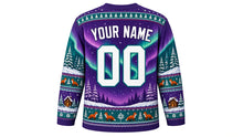 Load image into Gallery viewer, Ugly Christmas Winter Wonderland Hockey Jersey in Twilight Purple, back view with arched YOUR NAME lettering, a big 00, a northern-lights sky, a pine forest and fox and snowflake hem band – custom name and number