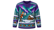 Load image into Gallery viewer, Ugly Christmas Winter Wonderland Hockey Jersey in Twilight Purple, front view – twilight purple body with a snowy forest, foxes and northern lights – fox and snowy owl crest with a glowing cabin and northern lights, pine-tree yoke, fox and cabin sleeve bands – custom name and number