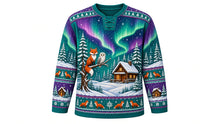 Load image into Gallery viewer, Ugly Christmas Winter Wonderland Hockey Jersey in Aurora Teal, front view – aurora teal body with a snowy forest, foxes and northern lights – fox and snowy owl crest with a glowing cabin and northern lights, pine-tree yoke, fox and cabin sleeve bands – custom name and number