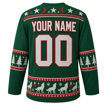 Load image into Gallery viewer, Ugly Christmas Moonlit Wolf Pack Hockey Jersey in Pine Green, back view with a star-and-crescent-moon yoke, pine tree and paw print sleeve bands, a howling wolf, holly and snowflake hem band, YOUR NAME lettering and 00 – custom name and number