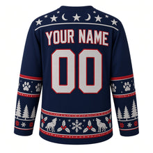 Load image into Gallery viewer, Ugly Christmas Moonlit Wolf Pack Hockey Jersey in Midnight Navy, back view with a star-and-crescent-moon yoke, pine tree and paw print sleeve bands, a howling wolf, holly and snowflake hem band, YOUR NAME lettering and 00 – custom name and number