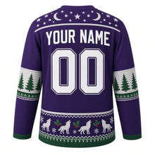 Load image into Gallery viewer, Ugly Christmas Moonlit Wolf Pack Hockey Jersey in Moonlight Purple, back view with a star-and-crescent-moon yoke, pine tree and paw print sleeve bands, a howling wolf, holly and snowflake hem band, YOUR NAME lettering and 00 – custom name and number