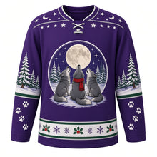 Load image into Gallery viewer, Ugly Christmas Moonlit Wolf Pack Hockey Jersey in Moonlight Purple, front view – moonlight purple body with a star-and-crescent-moon yoke with a round crest of three wolves, one in a red scarf, howling at a full moon above snowy pines, plus pine tree and paw print sleeves and a holly-and-snowflake hem band – custom name and number